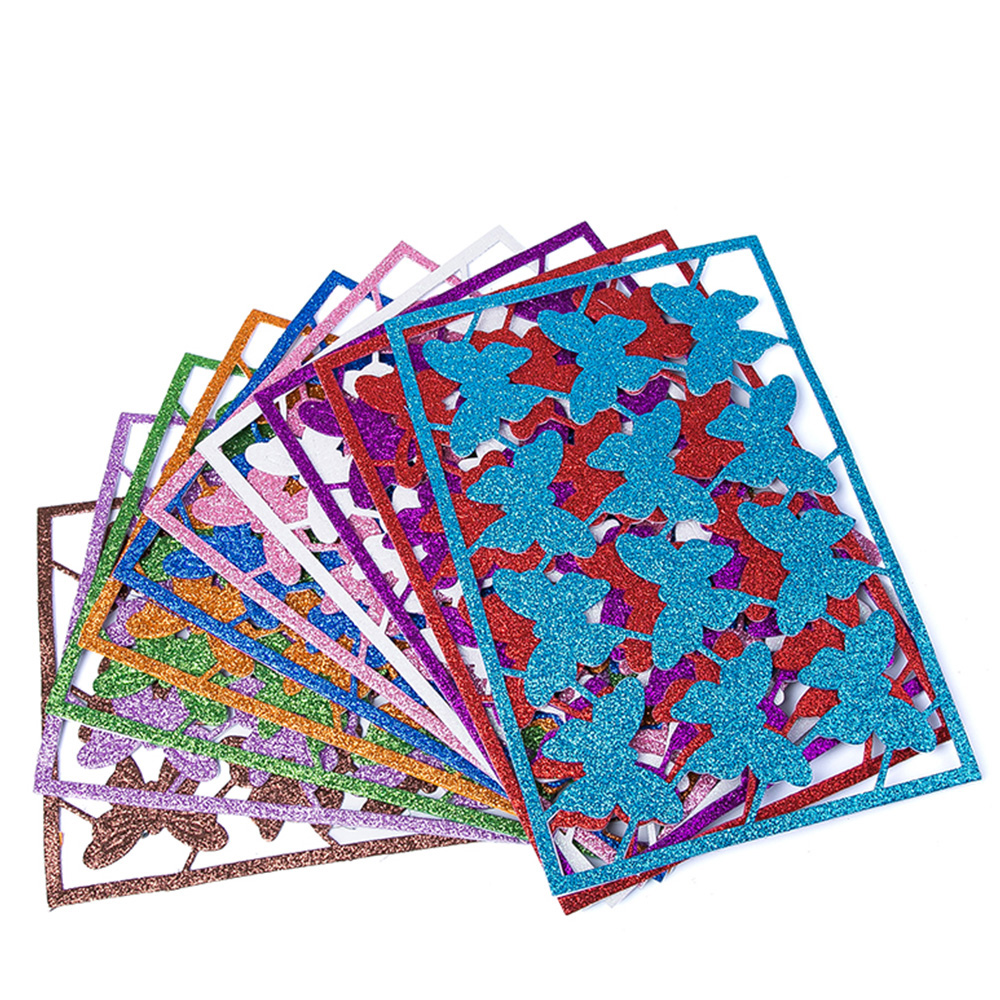 Wholesale eco-friendly colorful butterfly print adhesive handcraft back glue glitter eva glitter foam sheet