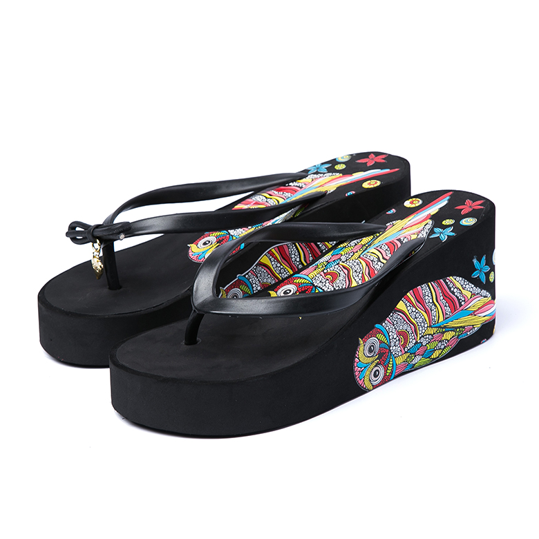 Factory direct sales summer beach EVA increased slipper printed high heel flip flops for women