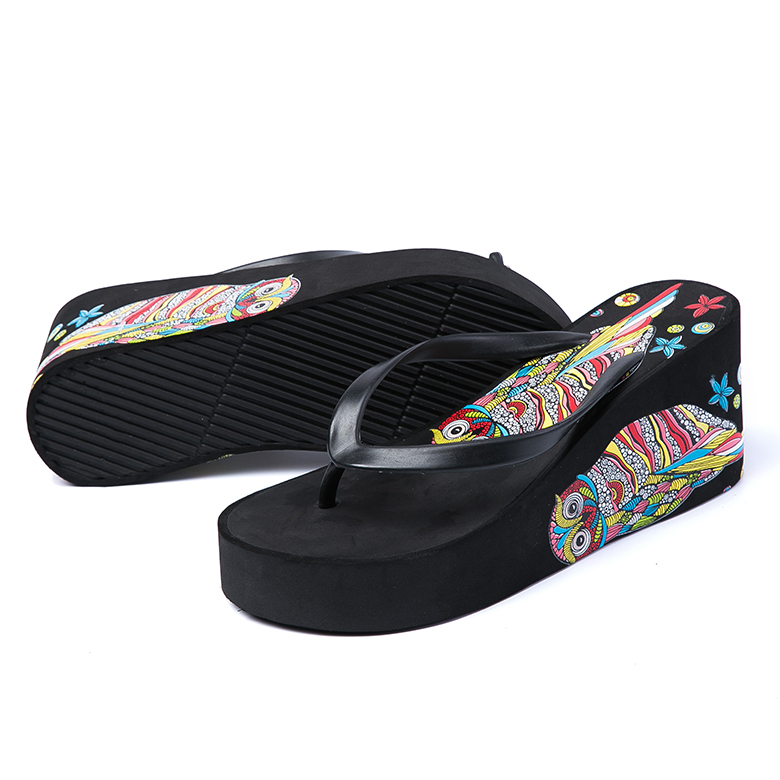 Factory direct sales summer beach EVA increased slipper printed high heel flip flops for women